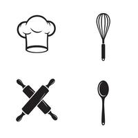 Simple black and white culinary illustrations of chef hat whisk rolling pins and spoon for baking vector