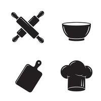 Culinary tools and equipment silhouette set featuring rolling pins a bowl a chopping board and a chef's hat design in black and white vector