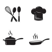Culinary icons and kitchen utensils set featuring a chef's hat cooking pot frying pan and various cooking tools vector