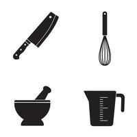 Culinary essentials illustration featuring a chef's knife a whisk a mortar and pestle and a measuring cup in minimalistic black and white vector