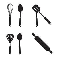 Black kitchen utensils silhouettes such as whisk spoon turner spatula rolling pin in minimalist style vector