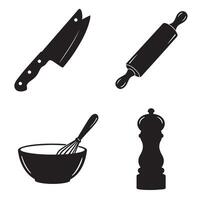 Black and white kitchen tools illustration including a knife rolling pin whisk and pepper grinder with a clean design vector