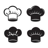 Set of four simple chef hat icons featuring utensils isolated on a white background for culinary and cooking concepts vector