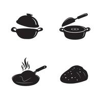 Silhouetted illustrations of cooking utensils and food items including a pot pan and loaf of bread on a white background vector