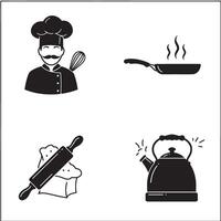 Collection of black and white kitchen elements featuring chef with whisk cooking pan rolling pin and boiling kettle icons vector