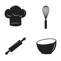 Black and white culinary icons depicting chef hat whisk rolling pin and bowl for cooking and baking related projects vector