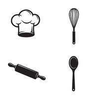 Culinary elements illustrations featuring a chef's hat whisk rolling pin and wooden spoon in a monochromatic style vector