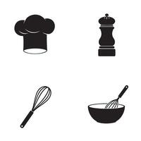 Culinary icons collection featuring a chef's hat salt shaker whisk and a mixing bowl with a whisk against a white background vector