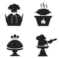 A collection of black and white culinary symbols featuring chef illustrations and food related icons for kitchen use vector