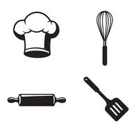 Simple and stylish black and white cooking icons with a chef hat whisk rolling pin and spatula on a white background. vector