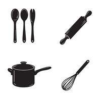 Kitchen utensils silhouette collection featuring spoons fork rolling pin saucepan and whisk black and white isolated on white background vector