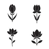 Four stylized black lotus flower silhouettes displaying various stages of blossom on a clean white background. vector
