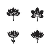 Minimalist black lotus and flower blossom icons set in art for design elements and decoration vector