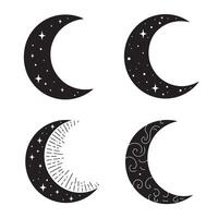 Collection of celestial moon crescent designs with stars and decorative swirls for graphic design elements vector