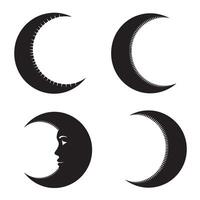 Collection of moon crescent silhouettes in black and white showing different phases and face details on a white background vector