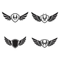 Set of four winged shield logos featuring heraldic designs for branding and decorative purposes in black and white vector