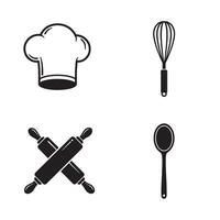 Minimalist black and white icon collection featuring chef hat whisk rolling pins and wooden spoon for baking concepts vector