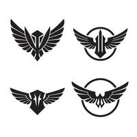Four distinct wing and shield emblem designs format suitable for logos and branding purposes set against a white background vector