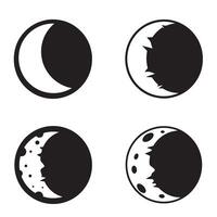 Four moon phases simplified black and white circular illustrations depicting astronomical celestial body changes through space and time vector