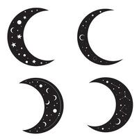 illustration of four black crescent moons decorated with stars celestial objects and celestial body patterns vector