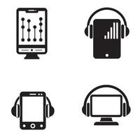 Set of black and white silhouette illustrations featuring digital devices and audio related icons vector