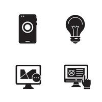 Set of modern black icon designs including a remote control a lightbulb and two computer screen concepts vector