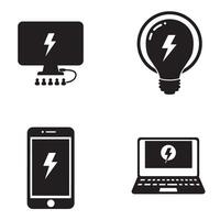 Black and white icons representing technology energy and electric power symbols in different devices vector
