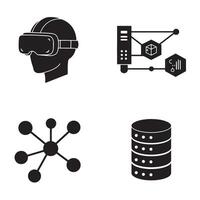 Black and white icons illustrating modern technology concepts virtual reality data and networking vector