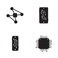 Digital technology icons representing networking mobile communication and microchip components for technical concepts vector