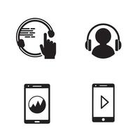 Simple black and white illustrations of music player devices and listening icons vector