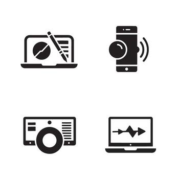 Set of black silhouette icons representing technology and data analysis tools vector