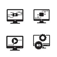 Icon set of computer screens displaying various technological concepts and media symbols vector