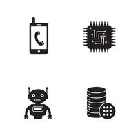 Technology icons depicting modern communication and data storage in black and white vector