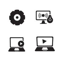 Set of black and white technology and media icons representing settings connectivity and playback vector