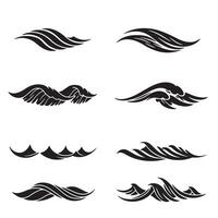 Set of stylized black wave crest designs isolated on a white background in various shapes and forms for graphic design purposes vector