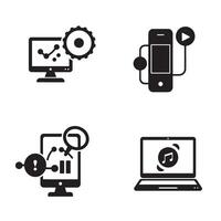 Set of icon illustrations representing technology data analysis and multimedia interaction design vector