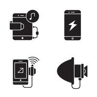 Set of black and white smartphone icons depicting various functionality and features vector