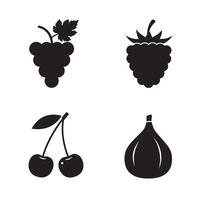 Black and white silhouettes of grape raspberry cherry and fig fruits isolated on white vector