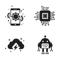Technology icons set depicting ai cloud computing and smartphone processing in simple black and white style vector
