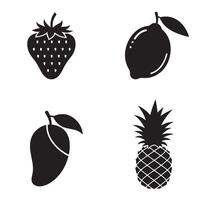 Black silhouettes of strawberry lemon mango and pineapple fruits on white background vector