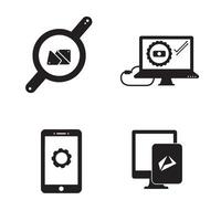 Black and white tech icons displaying various digital technology elements vector