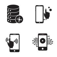 Modern technology concepts depicted with smartphone interfaces data servers and network connections in black and white vector