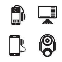 A collection of modern technology icons including smartphones headphones and a computer monitor in black and white vector