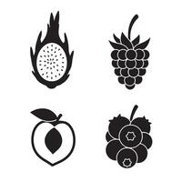Monochrome fruit icons featuring dragon fruit raspberry peach and blueberry with minimalist outlines vector
