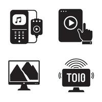 Monochrome digital media icons representing music content and digital transmission vector