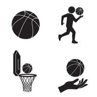 Basketball icons featuring silhouette illustrations of balls players and net vector