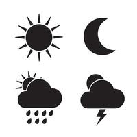 Weather icons set featuring sun moon clouds rain and lightning in a black silhouette style vector