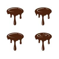 Four stylized chocolate drip designs in brown with glossy textures and dripping effects on a white background. vector