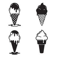 Simple black and white silhouettes of ice cream cones with various styles for dessert designs vector