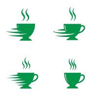Green silhouette cup logos with speed and steam icons for cafe or tea shop branding vector
